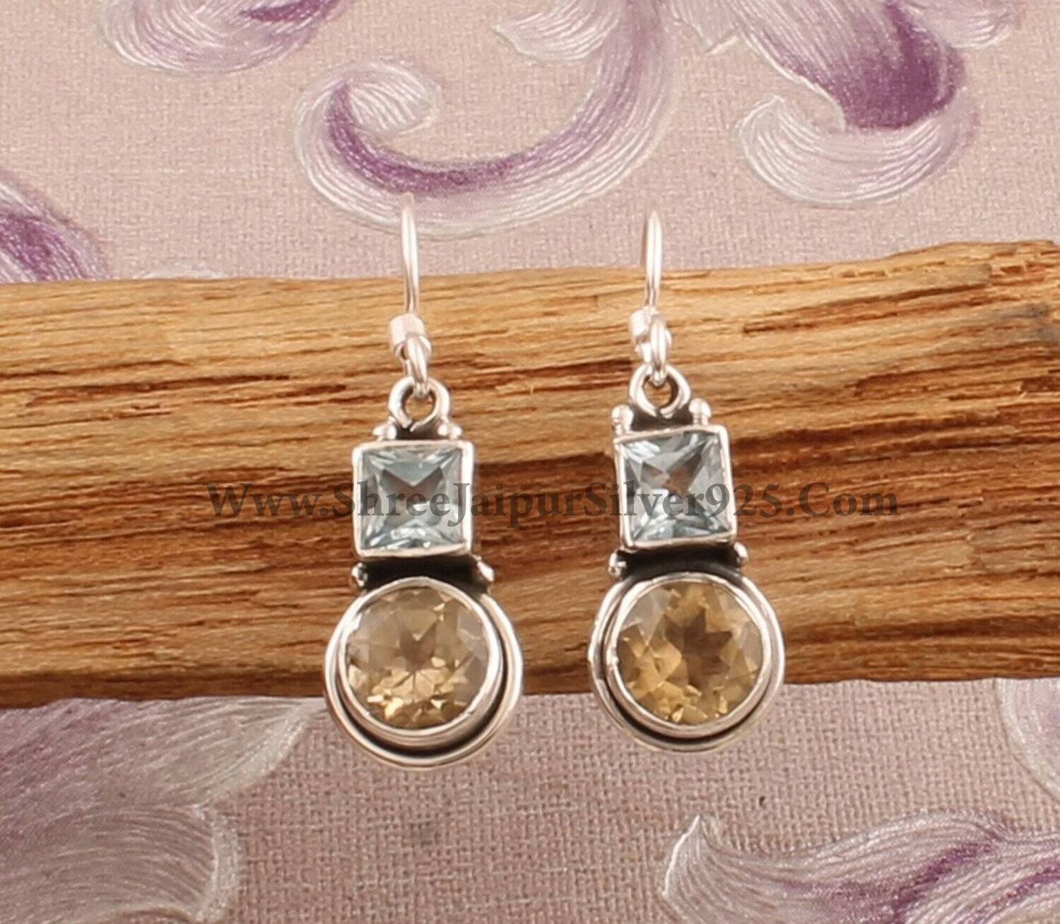 Blue Topaz &amp; Citrine Earrings, 925 Sterling Solid Silver Earring, Designer Handmade Two Stone Earrings, November Birthstone Earrings