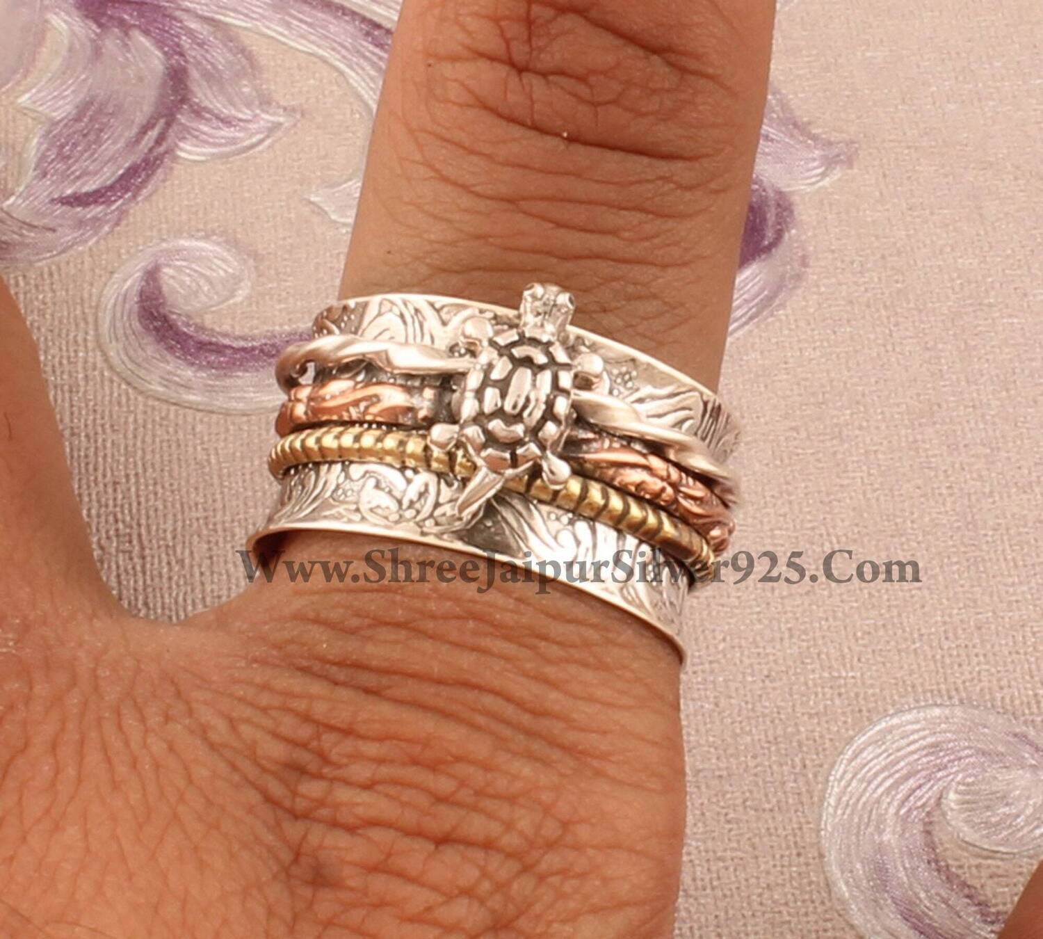 Turtle Solid Silver Carved Band Spinner Ring For Wedding, 925 Sterling Silver Turtle Rings Ring, Handmade Three Tone Anxiety Ring For Her