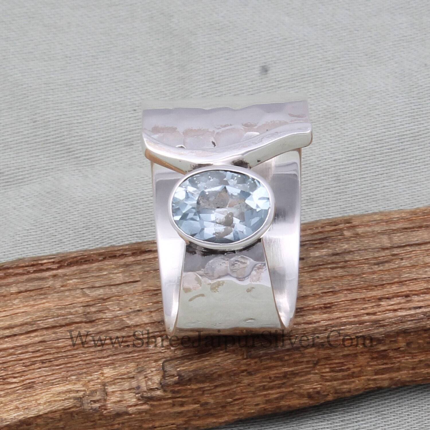 Natural Blue Topaz Oval Cut Solid 925 Sterling Silver Ring For Women, Handmade Silver Hammered Designer Band Ring Gifts Wedding Anniversary