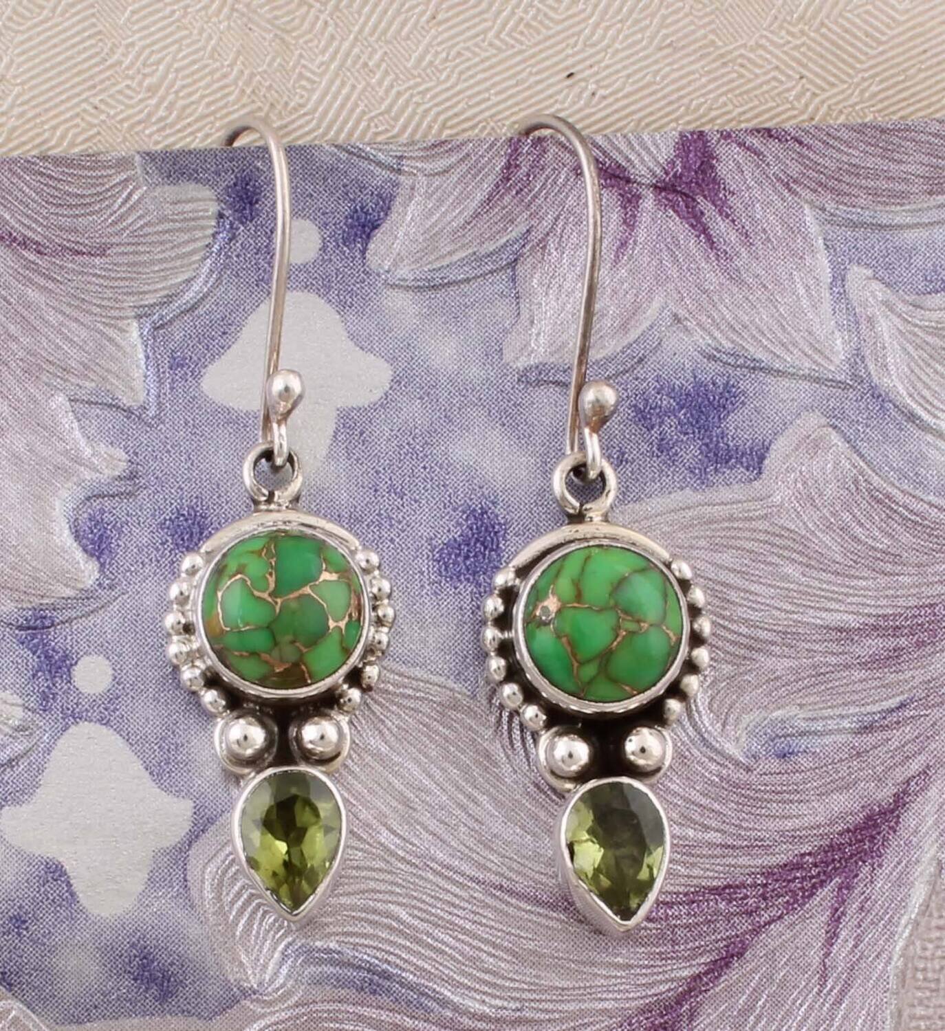 Composite Green Copper Turquoise &amp; Peridot Gemstone Earring Cabochon, Cut Stone's Boho Earring 925- Antique Silver Earring, Gift For Her