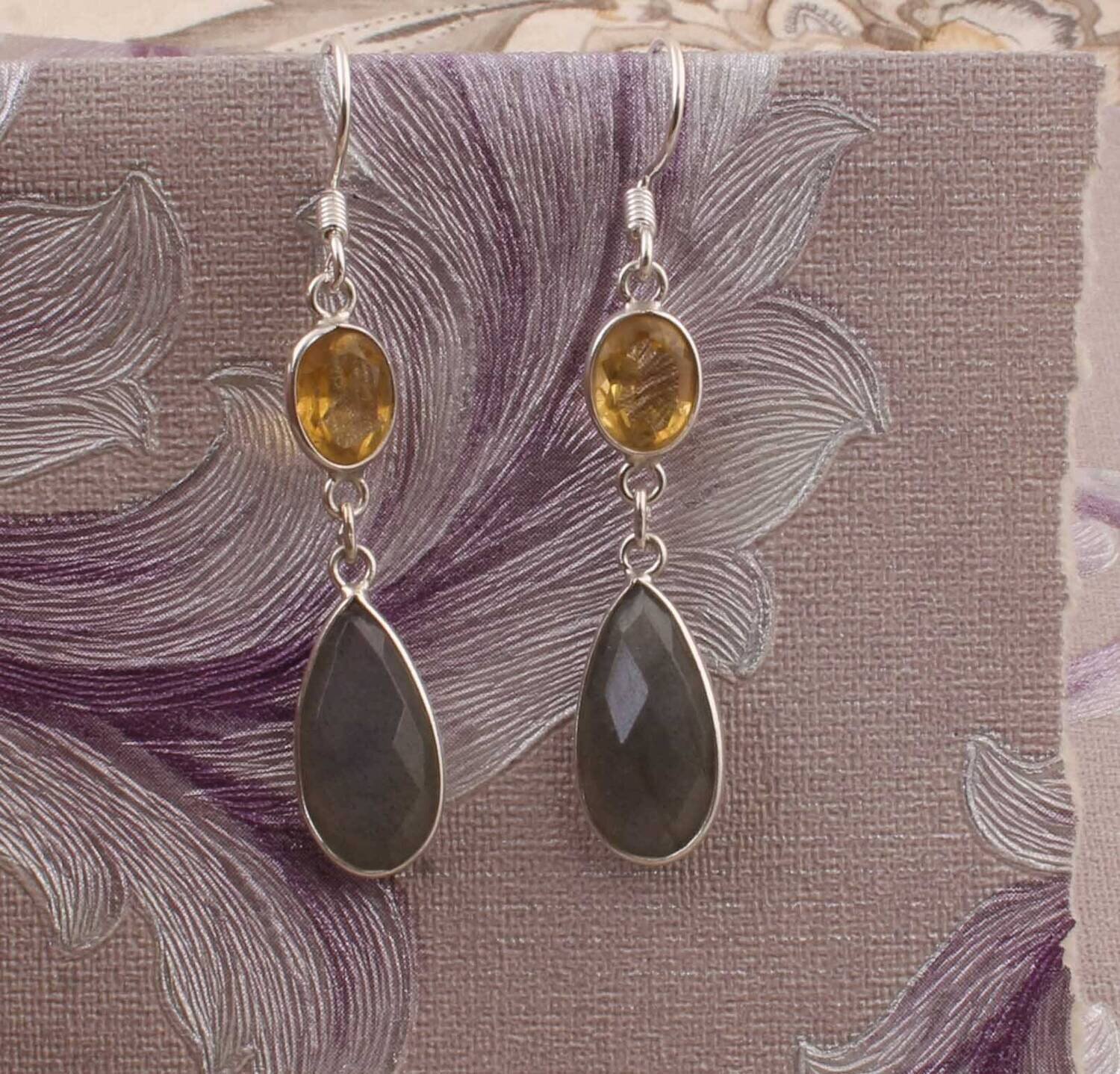 Combo Gemstone Earring Citrine+Labradorite Gemstone Earring 925-Sterling Silver Earring Big Size Two Stone Earring Gift For Her Earring
