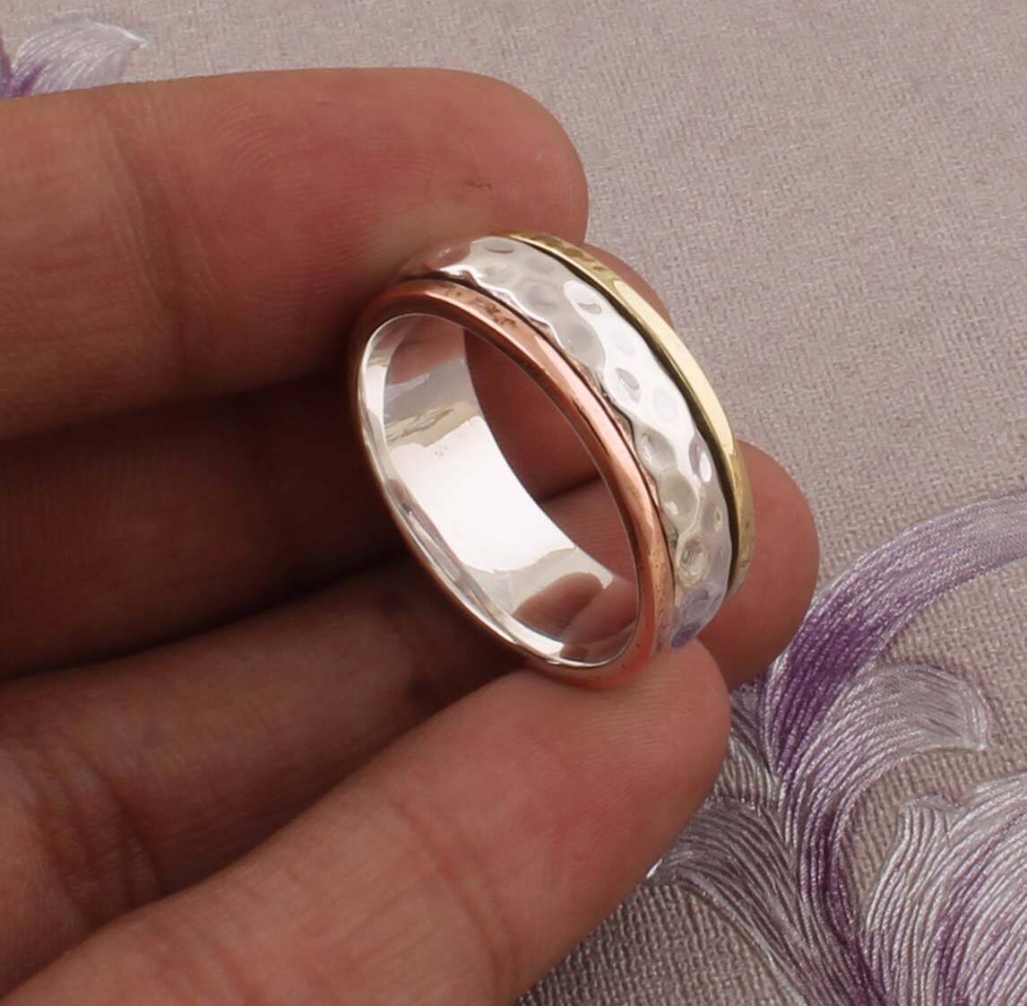 Three Tone Ring 925-Sterling Silver Ring, Spinner Ring, Antique Silver Ring, Brass With  Copper With Silver Spinner Ring Thumb Ring