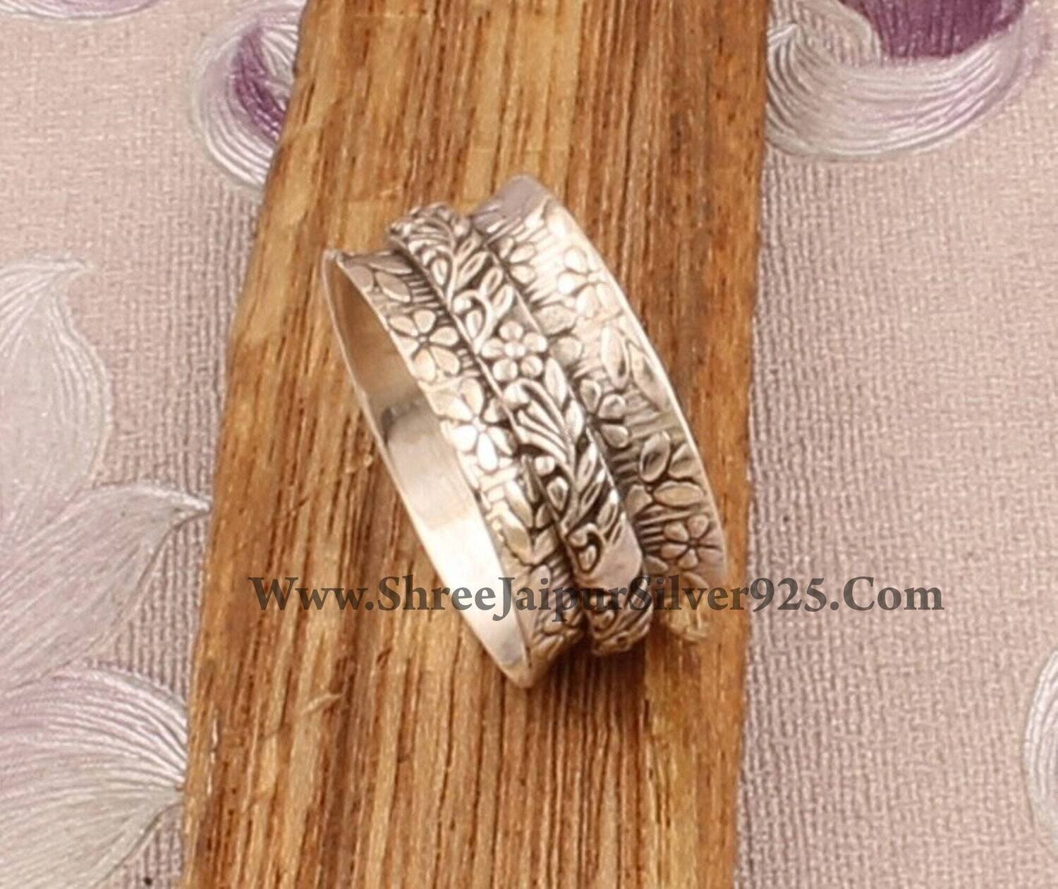 925 Sterling Silver Designer Carved Flower Leaves Spinner Ring, Handmade Silver Meditation Ring, Boho Worry Rings, Valentine's Day Gift idea