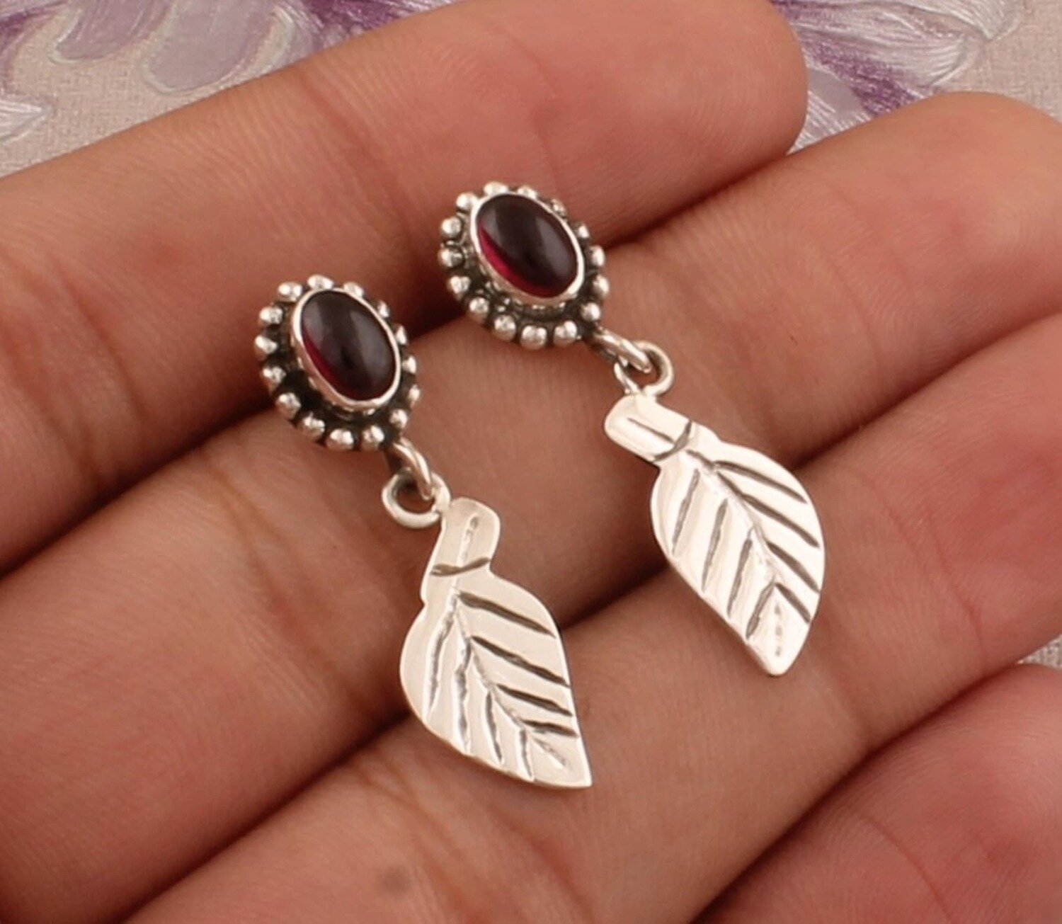 Natural Red Garnet Gemstone Silver Earrings, 925 Sterling Silver Carved Leaves Earrings, Designer Handmade Jewelry Gift Idea Etsy Cyber 2021