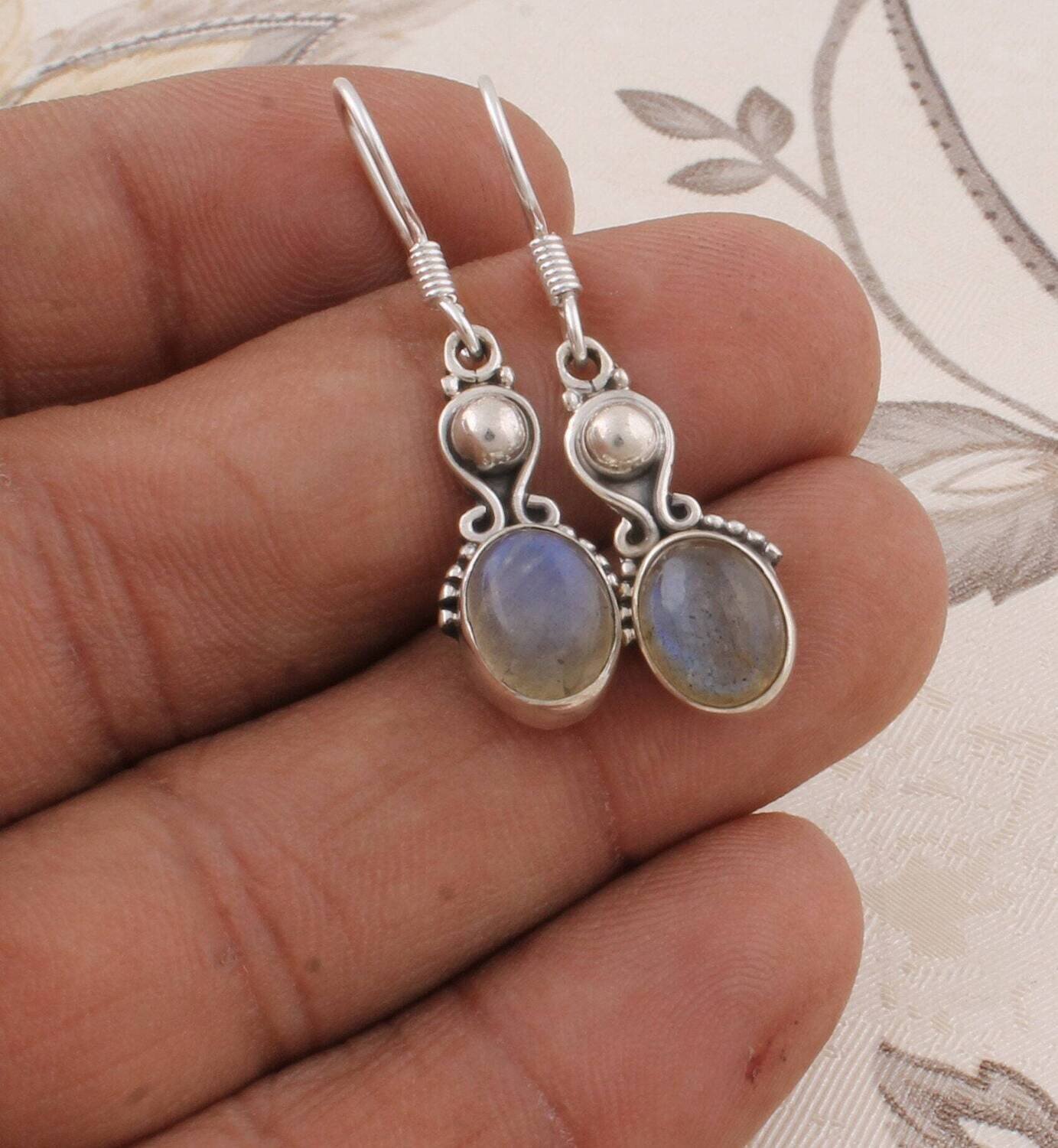 925 Silver Sterling Earring Natural Labradorite Gemstone Earring Handmade Erring Blue Fire Stone And Silver Color Earring (Simple Earring)