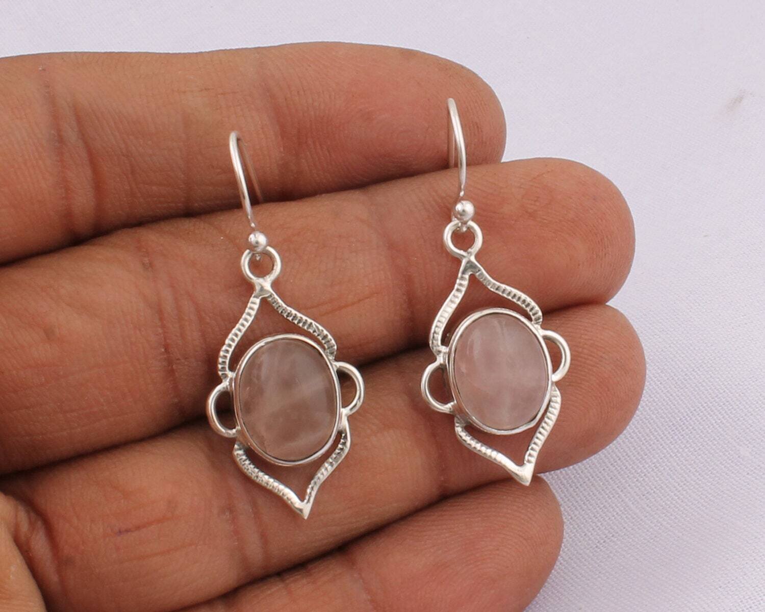 925 sterling Silver Boho Earring Rose Quartz Gemstone Earring Cabochon Stone Boho Earring 925-Sterling Solid Silver Earring Handmade