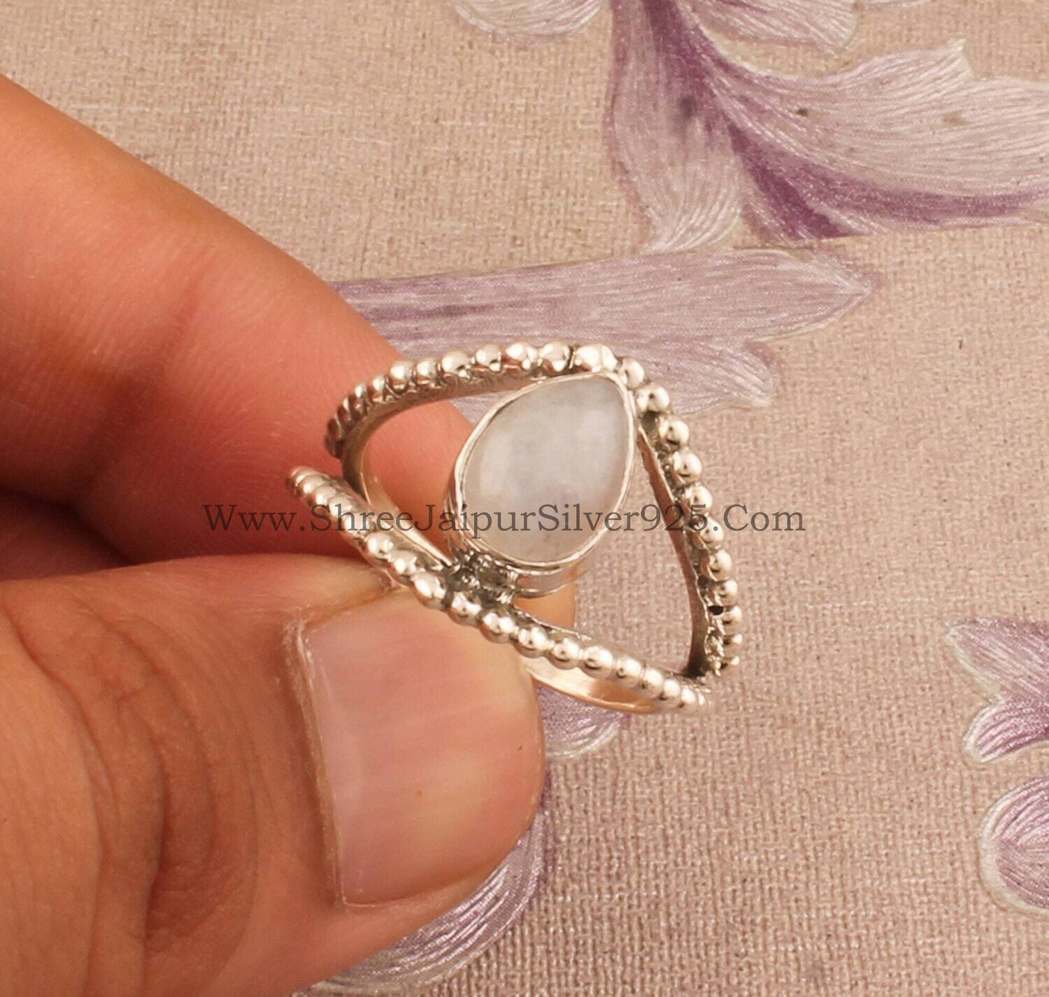 Rainbow Moonstone Solid 925 Sterling Silver Ring For Women, Handmade Pear Eye Moonstone Ring For Her, Wedding Anniversary Ring Gift