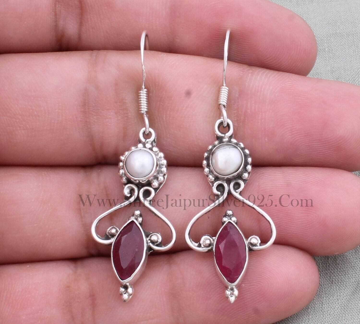 Natural Ruby+Pearl Top Quality Gemstone Earring Faceted Stone Boho Earring 925-Antique Silver Earring,Antique Silver Earring Gift For Her