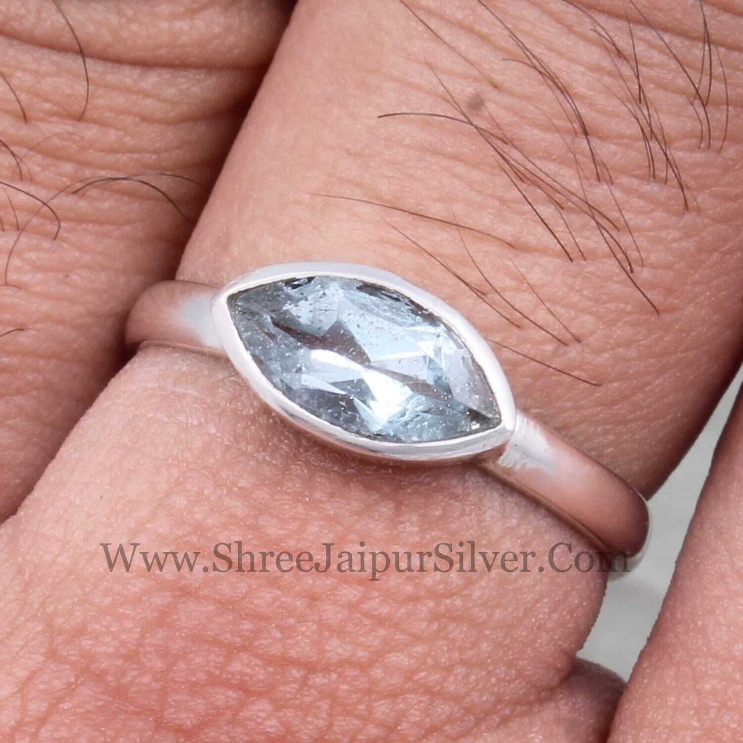 Natural Blue Topaz Marquise Cut Stone Solid 925 Sterling Silver Ring For Women, Handmade Solid Silver Ring For Wedding Anniversary Gift Idea