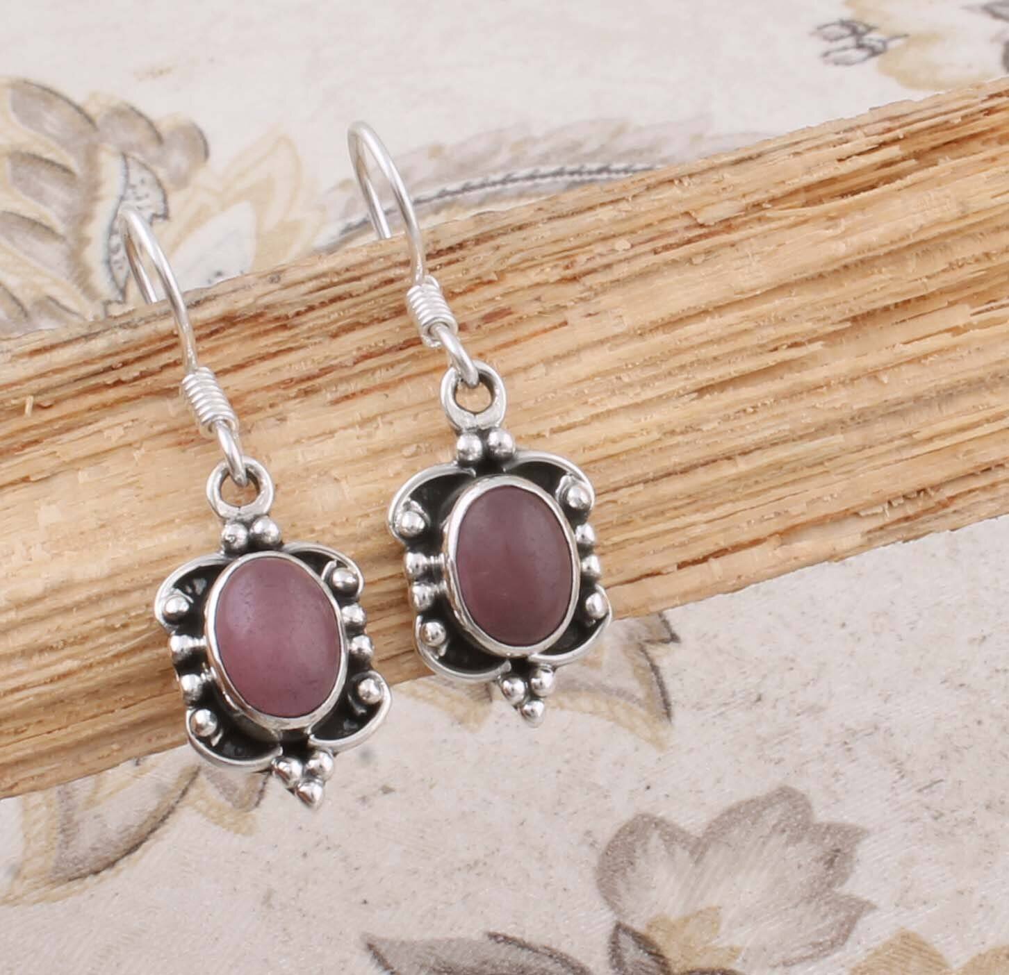 Real Pink Jade Top Quality Gemstone Handmade Earring Cabochon Stone Boho Earring 925-Antique Silver Earring Etsy Cyber Valentine's Day Gift
