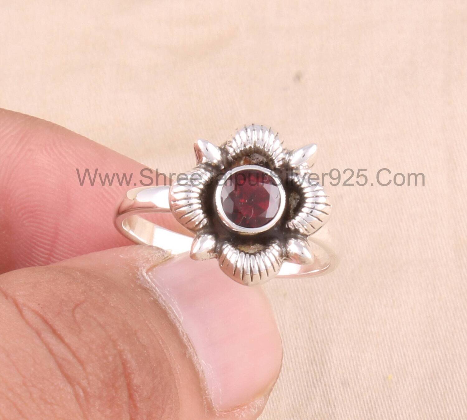 Natural Red Garnet Floral Solid 925 Sterling Silver Ring For Women, Handmade Round Cut Stone Floral Ring For Wedding Anniversary Gift Idea