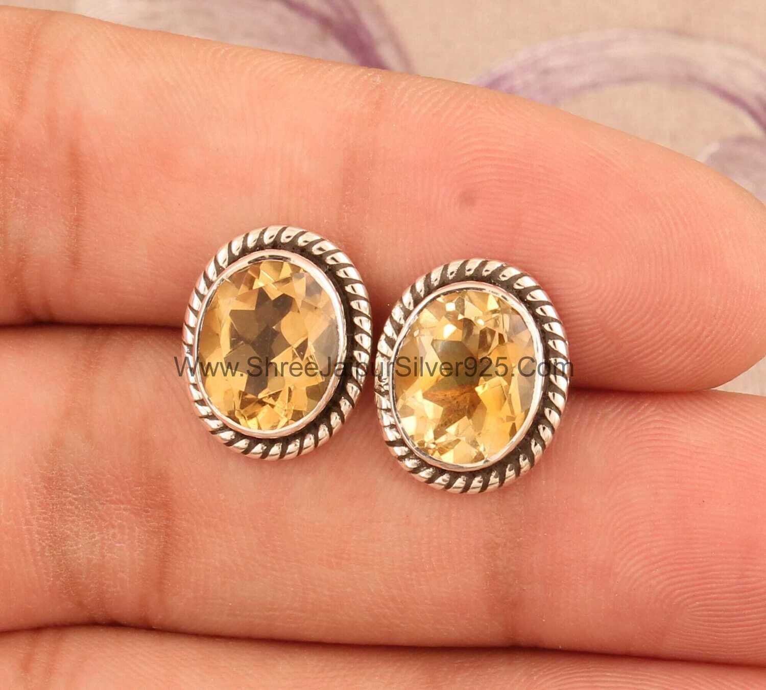 Natural Citrine Oval Cut Solid 925 Sterling Silver Stud Earrings For Women Handmade Oval Spiral Silver Stud Earrings For Wedding Anniversary