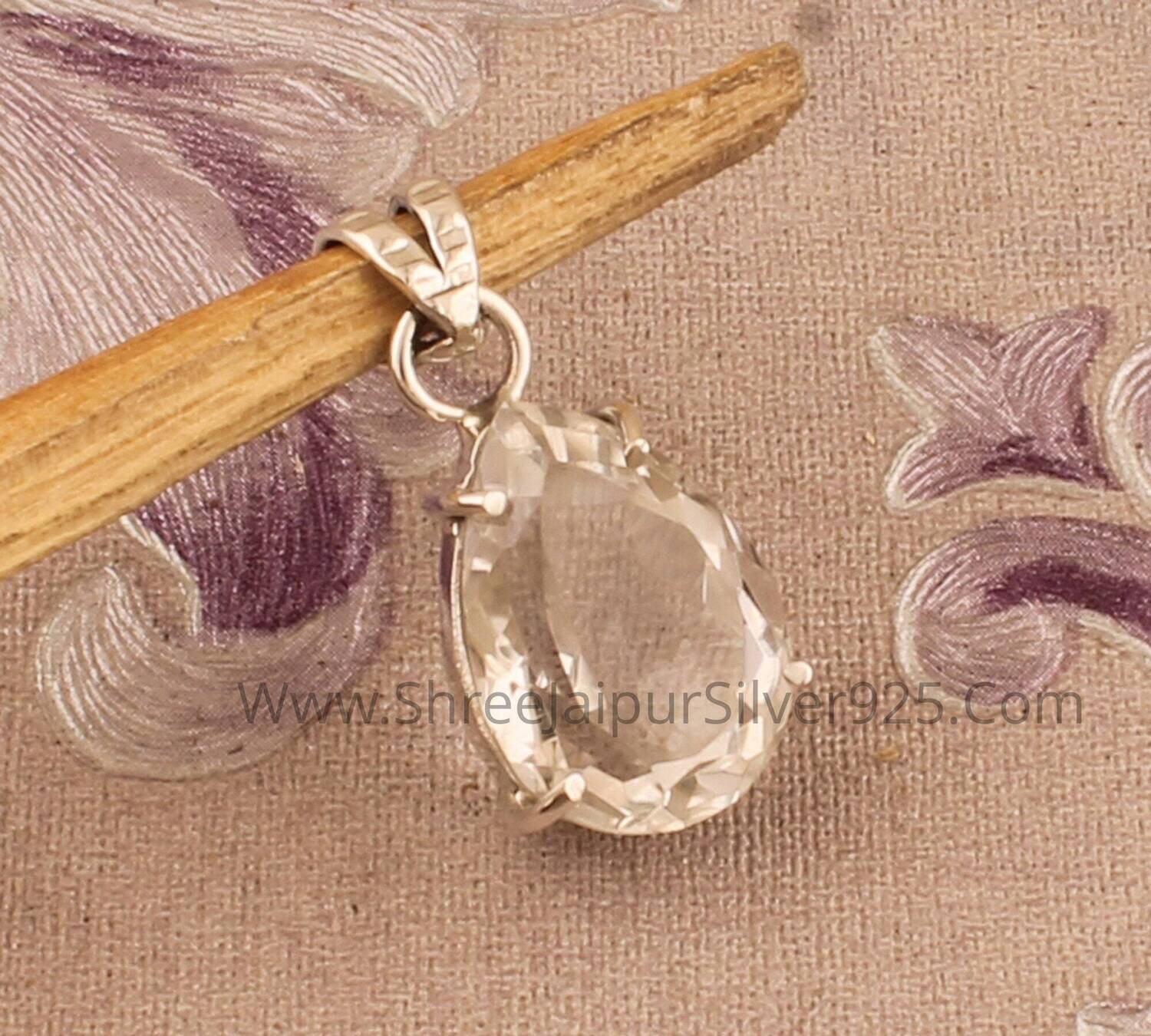 Prong Set Crystal Quartz Solid 925 Sterling Silver Necklace Pendant For Women, Pear Stone Wedding Pendant Solid Silver Designer Pendant Gift