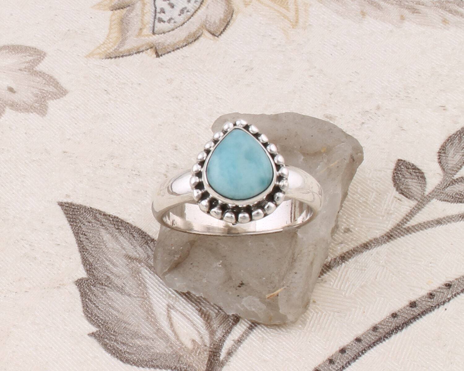 Larimar Gemstone Ring Cabochon Stone Boho Ring Solid 925- Sterling Silver Ring,Girls Middle Finger RingCyber2021Bestseller2021EtsyBirthstone