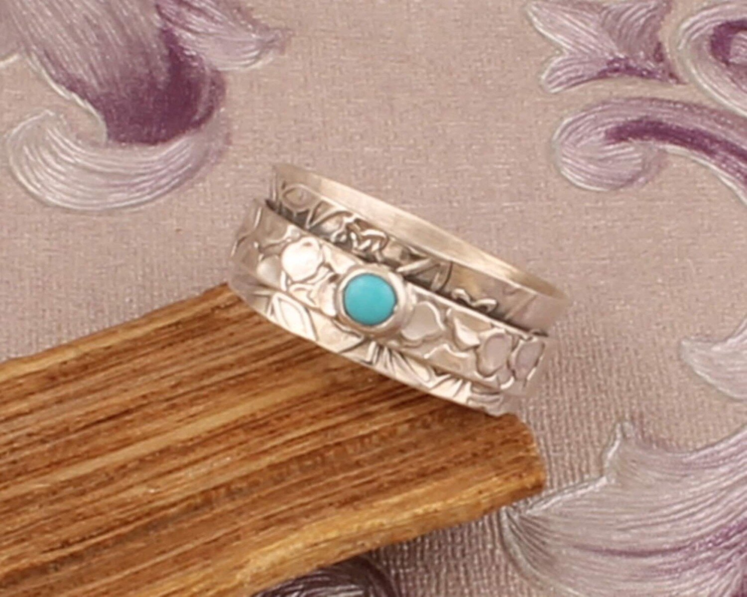 925 Sterling Silver Turquoise Spinner Ring, Handmade Carved Silver Meditation Ring, Boho Worry Rings, Valentine's Day Gift, Etsy Cyber 2021