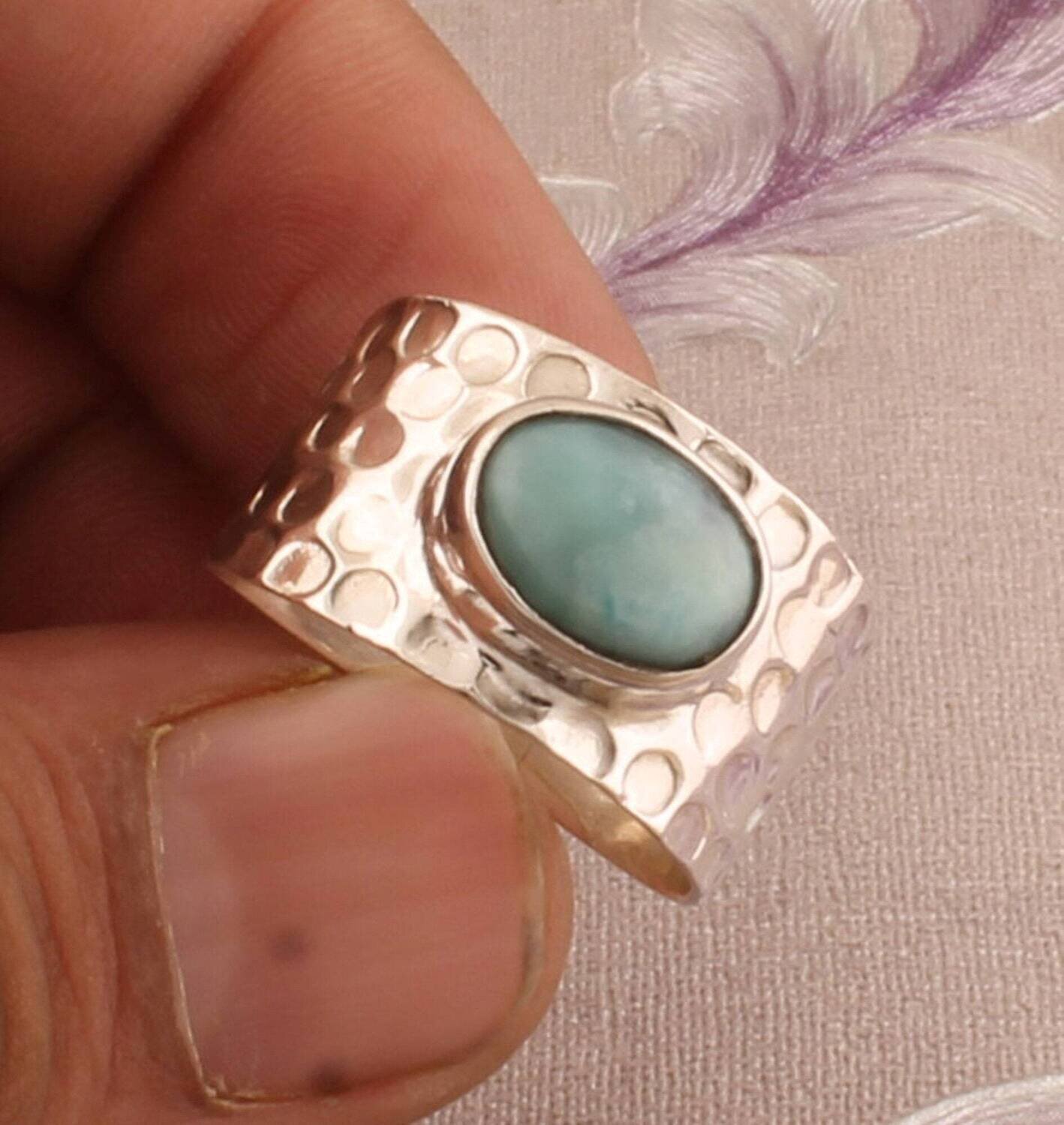 925 Sterling Silver Natural Larimar Ring, Designer Hammered Band Ring, Handmade Gemstone Thumb Silver Ring, Textured Ring, Gift Idea