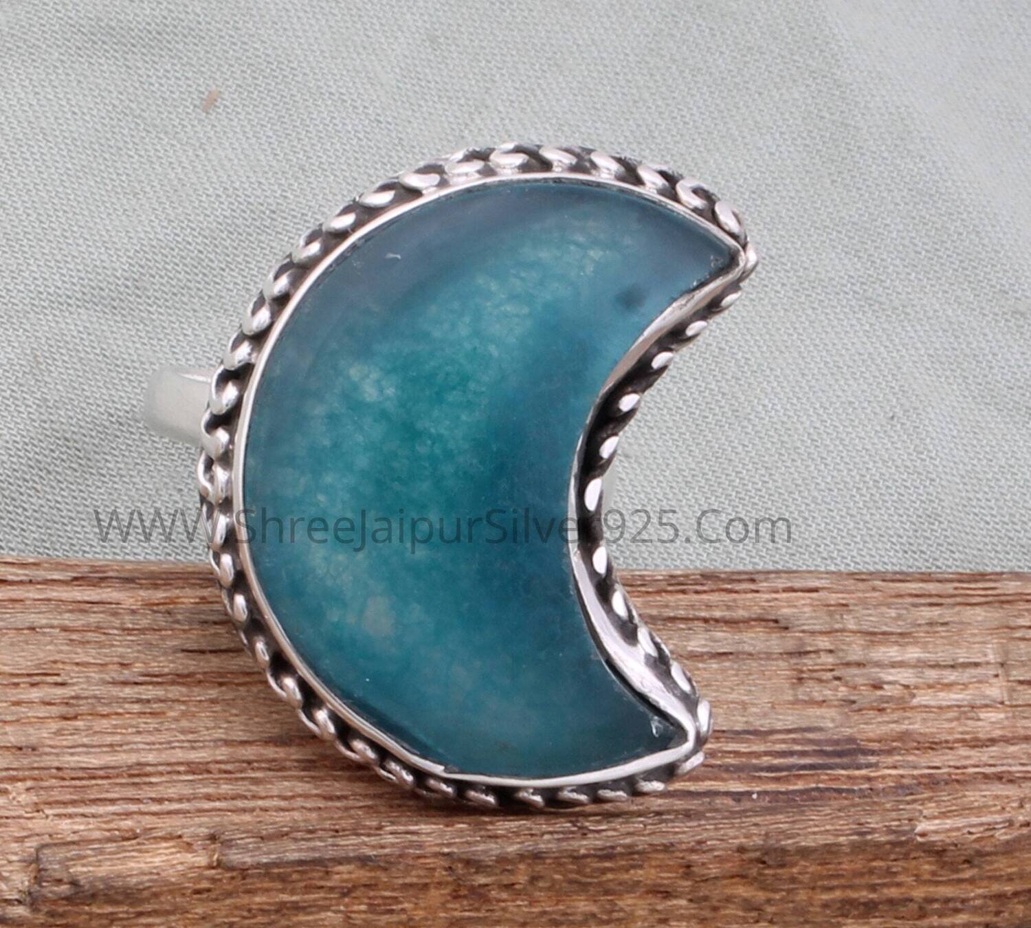 Apatite Blue Jade Solid 925 Sterling Silver Ring For Women, Handmade Crescent Moon Stone Ring For Wedding Anniversary Gift For Women Jewelry