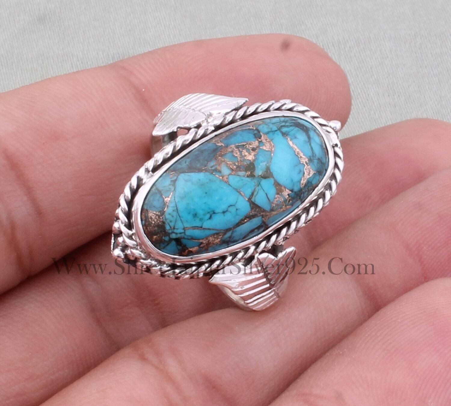 Blue Copper Turquoise Oval Gemstone 925 Sterling Silver Ring For Women, Designer Carved Leaves Handmade Band Ring, Engagement Ring Gift Idea
