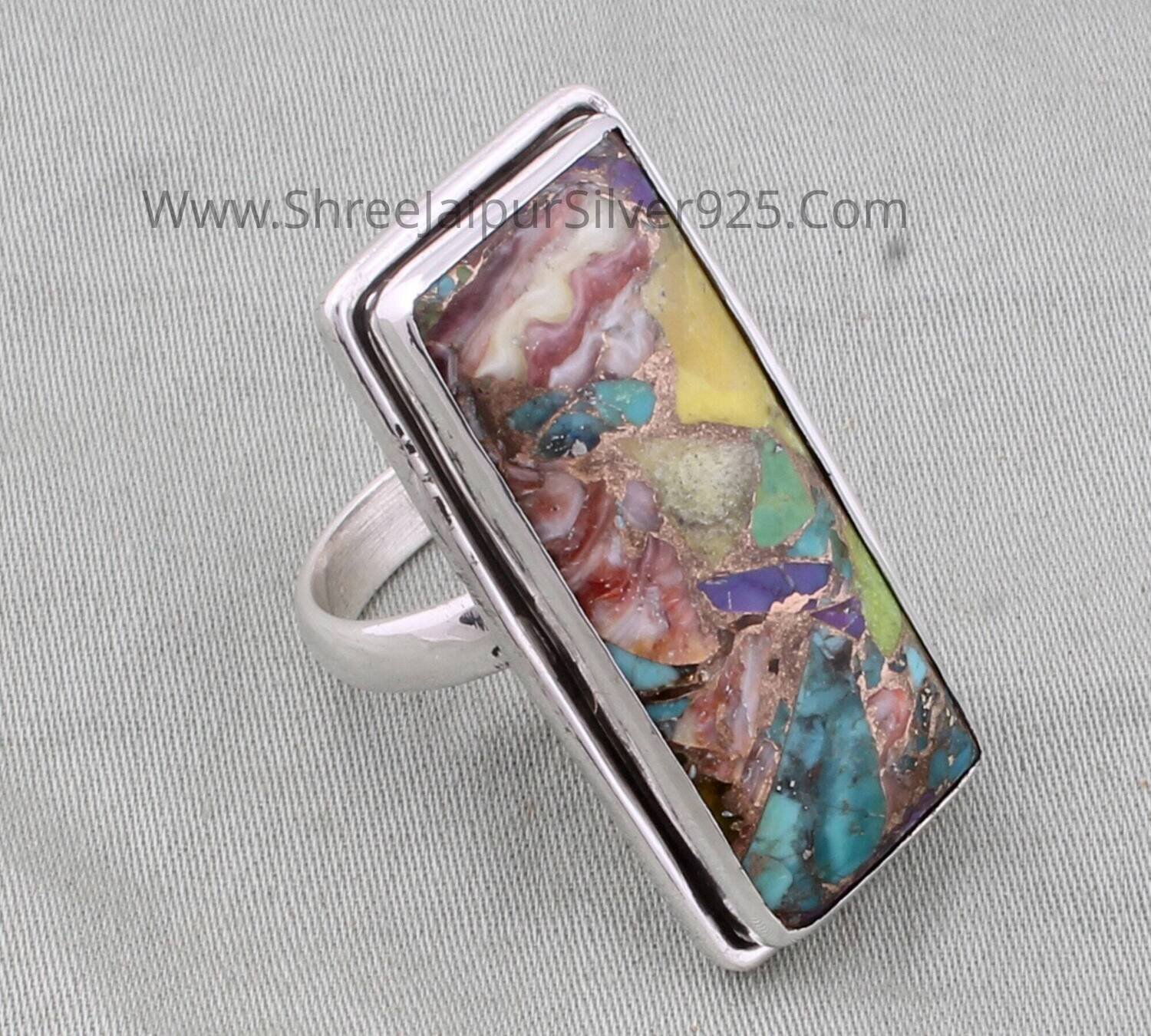 Mix Copper Turquoise Solid 925 Sterling Silver Ring For Women Handmade Rectangle Bar Gemstone Band Ring For Wedding Anniversary Gift For Her