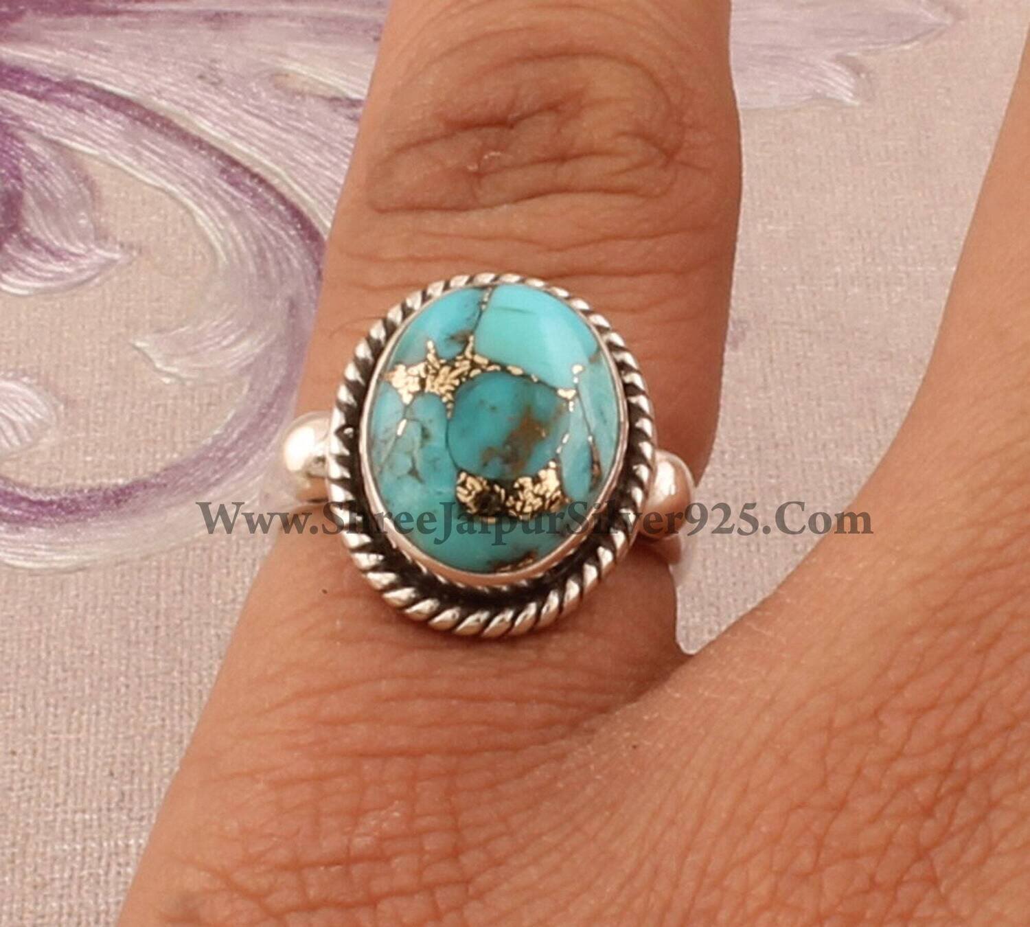 Blue Copper Turquoise Oval Gemstone 925 Sterling Silver Ring For Women, Designer Handmade Gemstone Silver Ring, Engagement Ring, Gift Idea