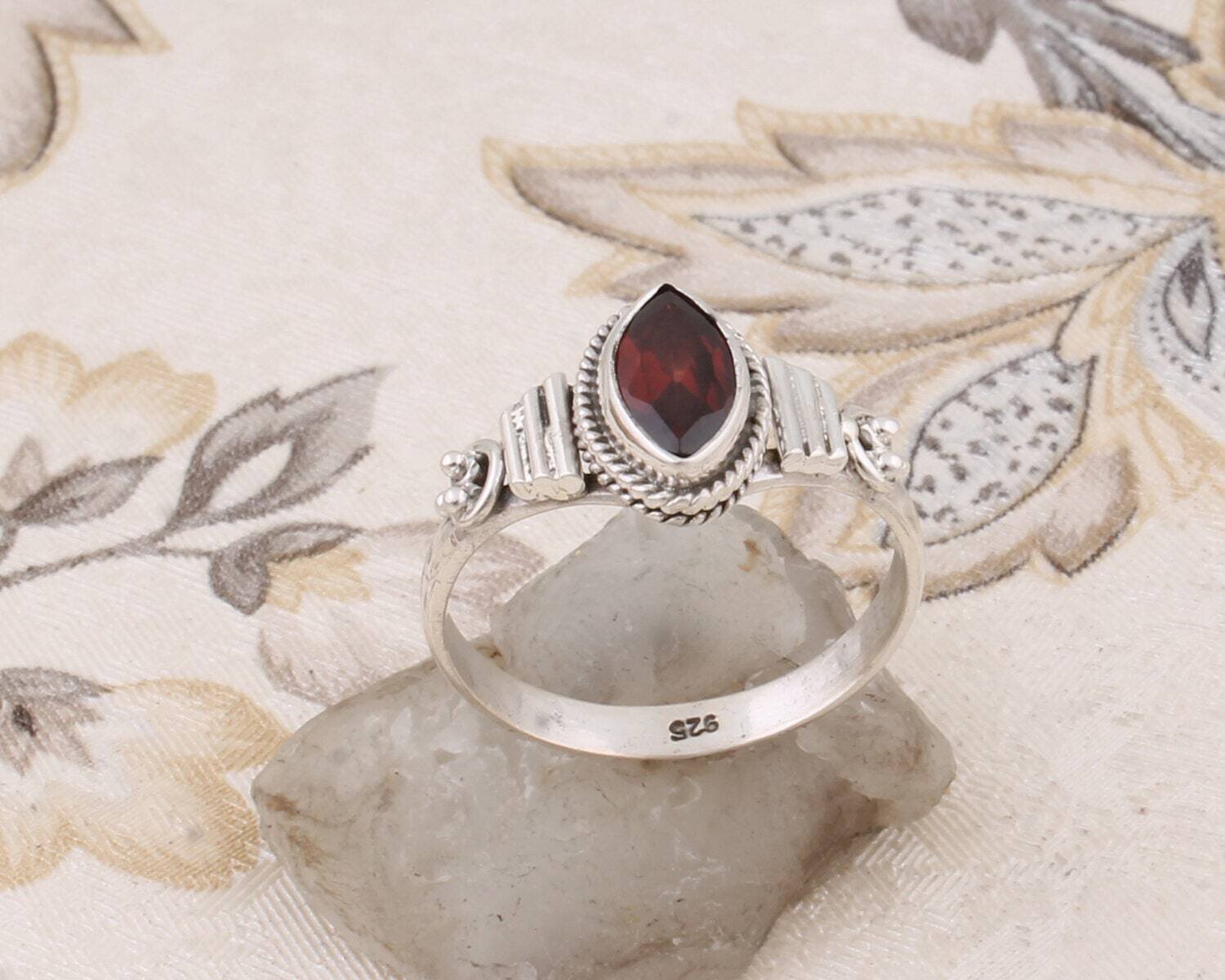 Simple Marquise Ring With Natural Red Garnet Gemstone Handcrafted Ring Cut Stone Boho Ring 925-Silver Sterling Ring Middle Finger Ring