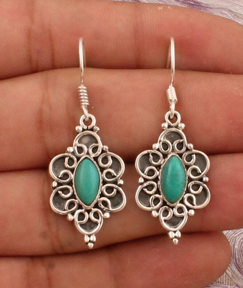 925 Sterling Silver Turquoise Marquise Shape Gemstone Earrings, Designer Silver Earrings, December Birthstone Earrings, Handcrafted Earrings