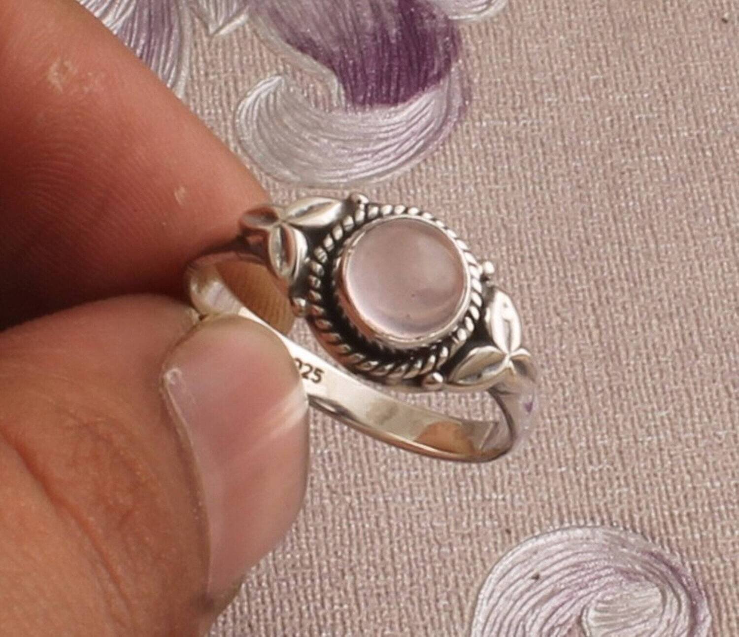 Natural Rose Quartz Silver Ring, 925 Sterling Silver Round Shape Gemstone Ring, Designer Leaves Gemstone Ring, Handmade Ring, Gift For Her