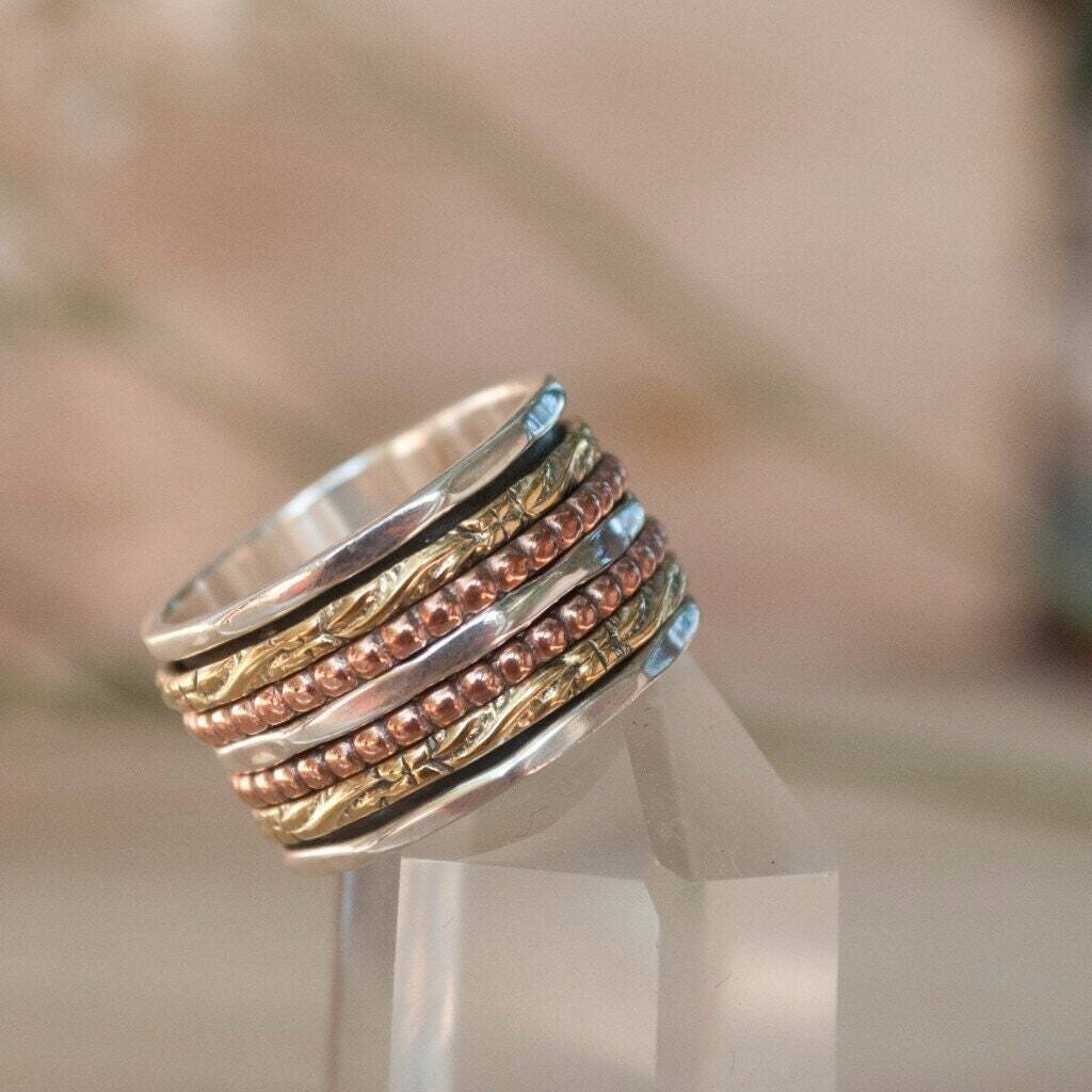 Handcrafted Ring Gift For You ! Solid 925-Sterling Silver Ring With Charm Plain Boho Three Tone Ring Spinner Meditation Ring,Thumb Ring