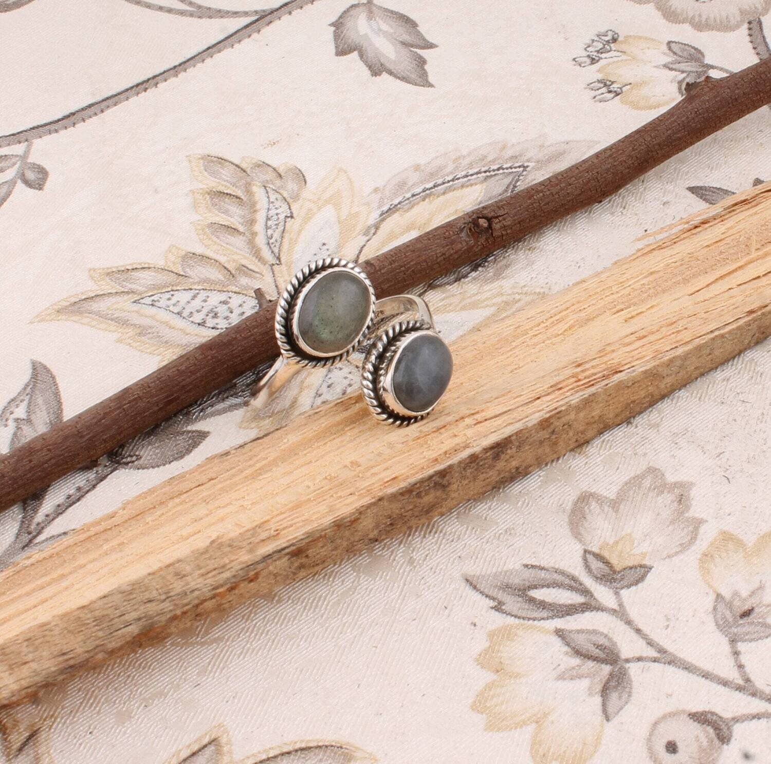 Dual Stone Ring Birthstone Ring, Silver Bezel Set Ring Promise Ring dual birthstone ring couples ring Blue Labradorite RingCyber2021