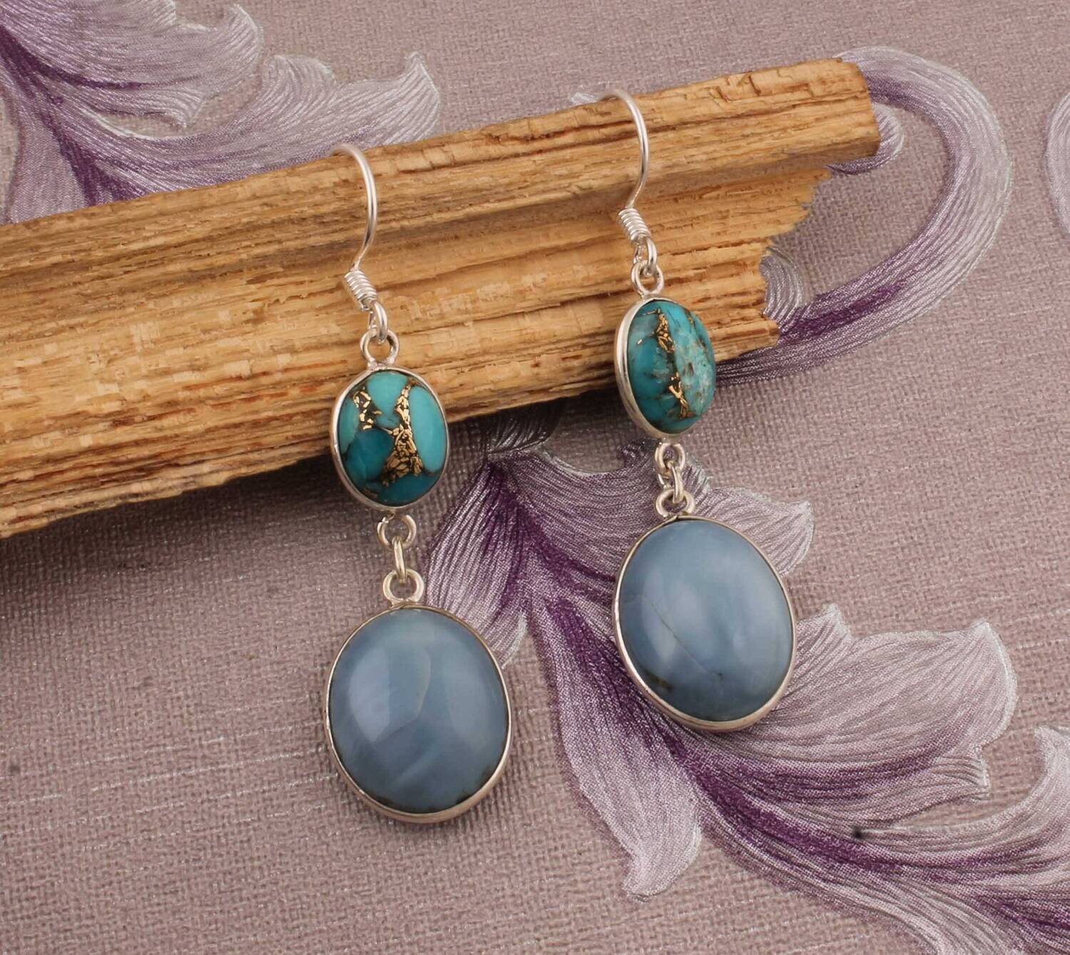 Gemstone Earring Composite Turquoise+Blue Opal Gemstone Earring 925-Sterling Silver Earring Big Size Earring One-Of-Kind ItemCyber2021