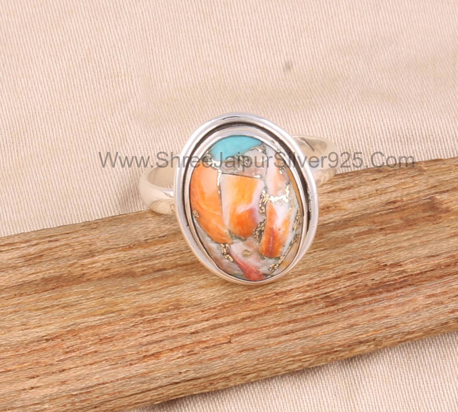 Oyster Copper Turquoise Solid 925 Sterling Silver Ring For Women, Handmade Mix Oyster Oval Stone Ring For Wedding Anniversary Gift For Her