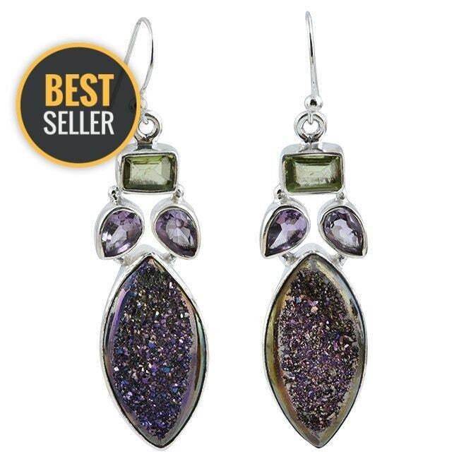 Combo Earring With Amethyst+Peridot+Solar Quartz Druzy Gemstone Earring Cut &amp; Carving Stone's Boho Earring 925-Sterling Solid Silver Earring
