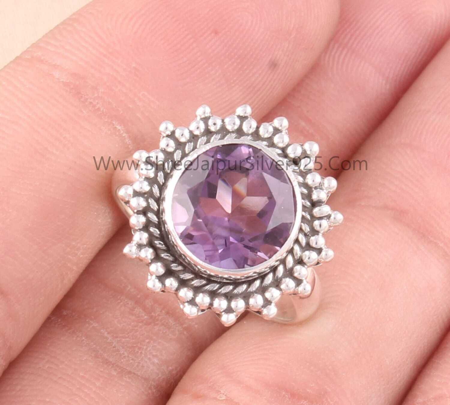 Natural Amethyst Round Cut Stone Solid 925 Sterling Silver Ring For Women, Handmade Silver Floral Designer Ring For Wedding Anniversary Gift