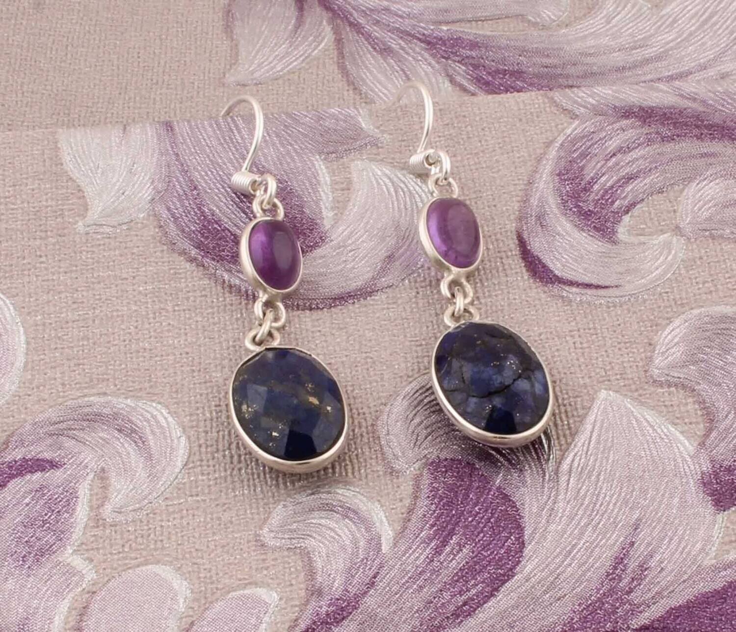 Combo Gemstone Earring Lapis+Amethyst Gemstone Earring 925-Sterling Silver Earring Big Size Earring Gift For Her EarringCyber2021Birthstone