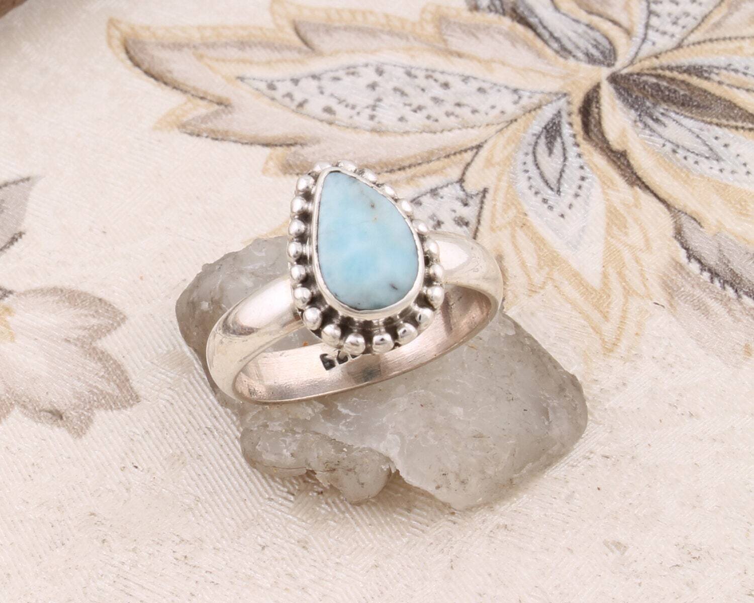 Gift For You Solid 925-Sterling Solid Ring With Natural Larimar Gemstone Handcrafted Ring Cabochon Stone Boho Ring Ring Finger RingCyber2021