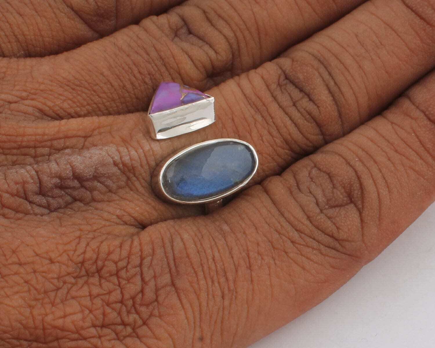Double Gemstone Ring 925-Silver Sterling Ring Handcraft Ring Combo Ring Labradorite &amp; Purple Turquoise Top Quality Gemstone Ring L#-282531-R