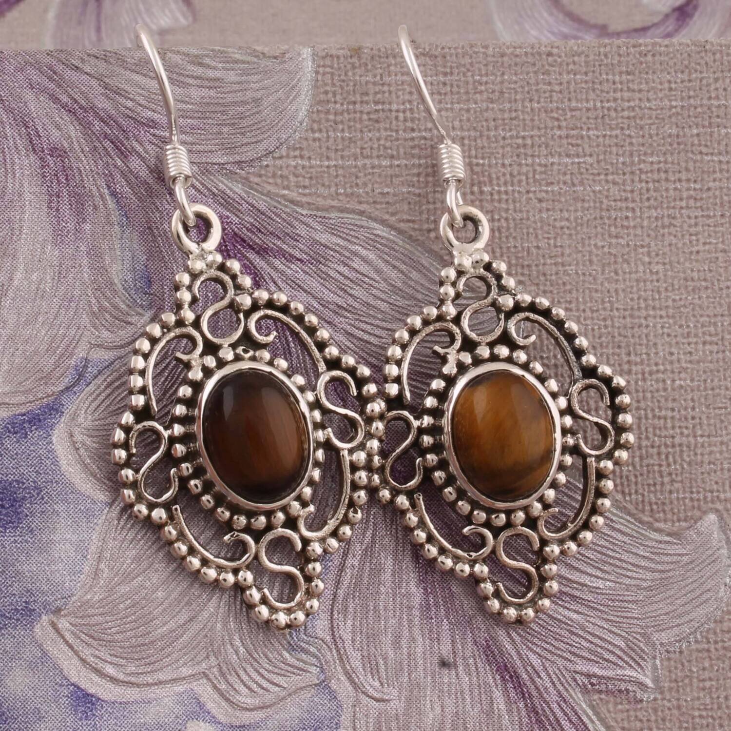 Natural Tiger-Eye Top Quality Gemstone Earring 925-Sterling Silver Earring,Antique Silver Earring,Wedding Beautiful Earring Gift For Her