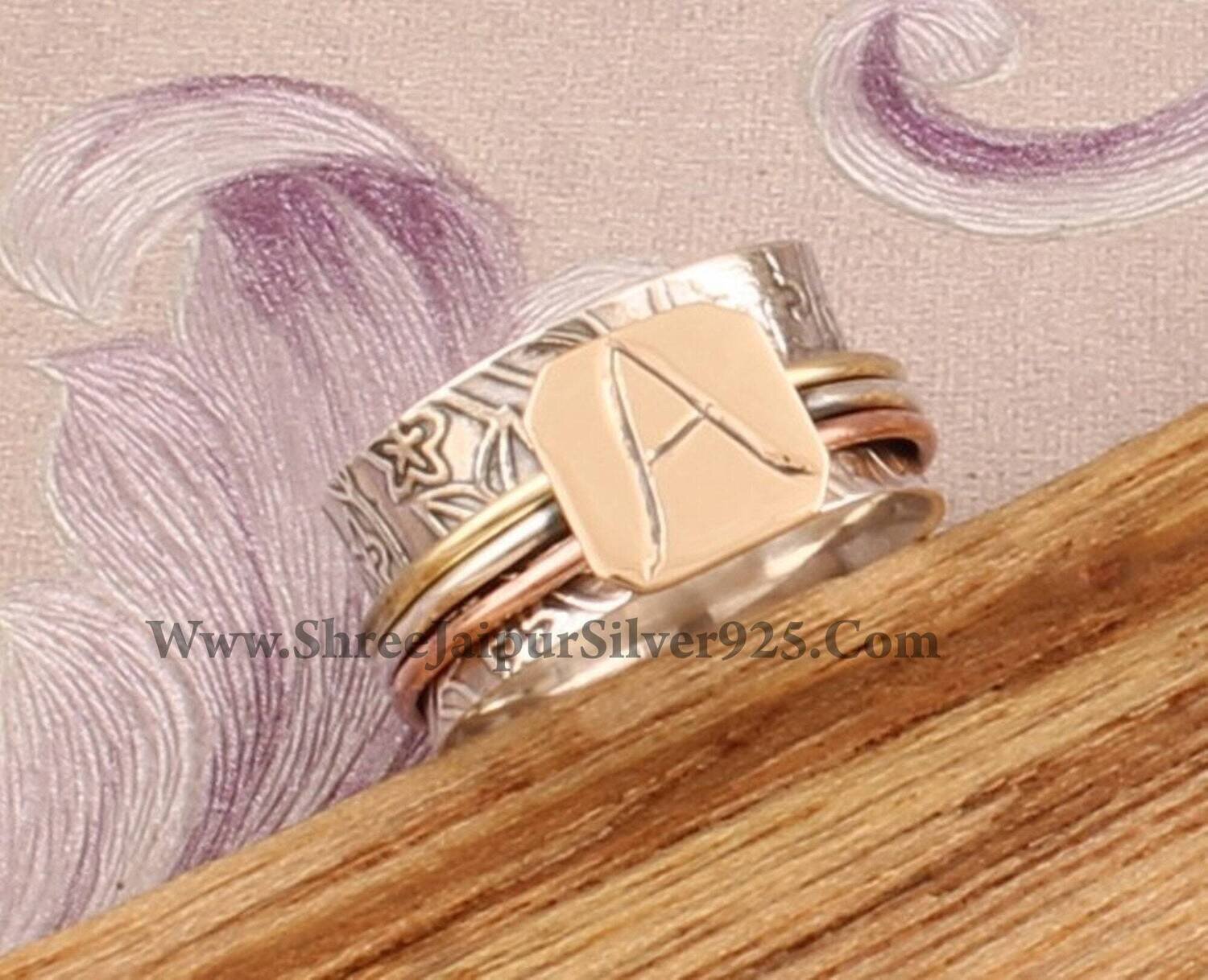 Personalized Initial Spinner Ring, 925 Sterling Silver &amp; Brass Initial Ring, Handmade A-Z Letter Engraved Ring, Personalized Gift For Women