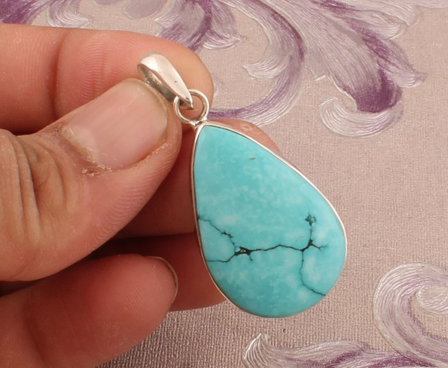 925 Sterling Silver Turquoise Necklace Pendant, Boho Turquoise Pear Gemstone Silver Pendant, Valentine's Day Jewelry Gift, Etsy Cyber 2021