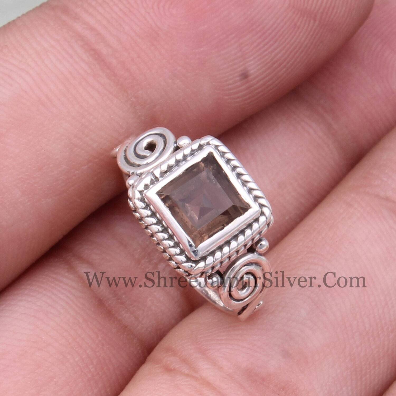 Natural Smoky Quartz Solid 925 Sterling Silver Ring For Women, Handmade Square Cut Gemstone Spiral Ring For Wedding Anniversary Gifts Idea