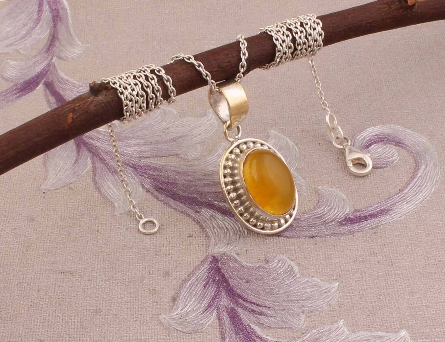 925 Sterling Silver Pendant For Women Natural Yellow Jade Pendant Oval Handmade Gemstone Silver Jewelry Anniversary Birthday Gift For Sister