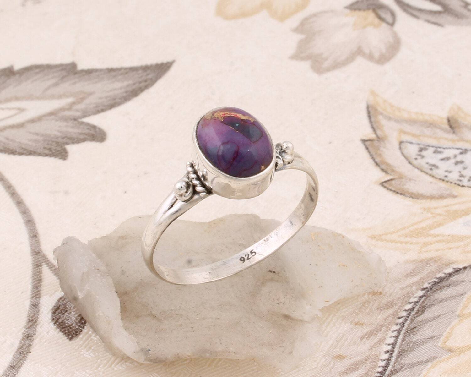 Composite Turquoise Ring, Solid 925 Sterling Silver Rings For Women, Purple Oval Cabochon Handmade Gemstone, Engagement, Dainty, Sister Gift