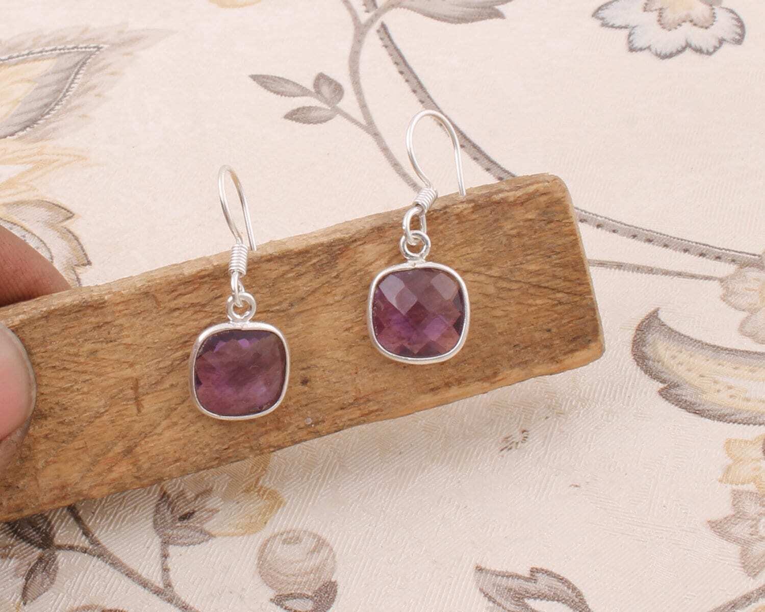 Gift For You ! Solid 925-Silver Sterling Earring With Natural Amethyst Gemstone Earring Cut Stone Boho Earring Handcrafted Charm Earring