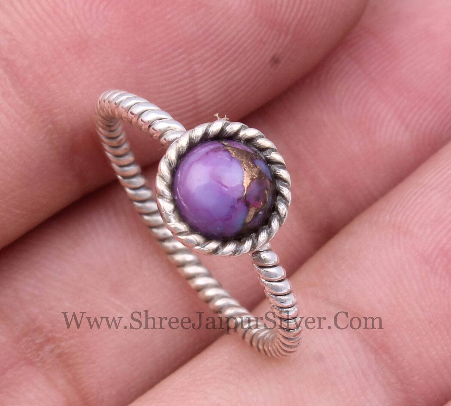 Purple Copper Turquoise Solid 925 Sterling Silver Ring For Women, Handmade Round Stone Twisted Band Ring Gifts For Her Wedding Anniversary