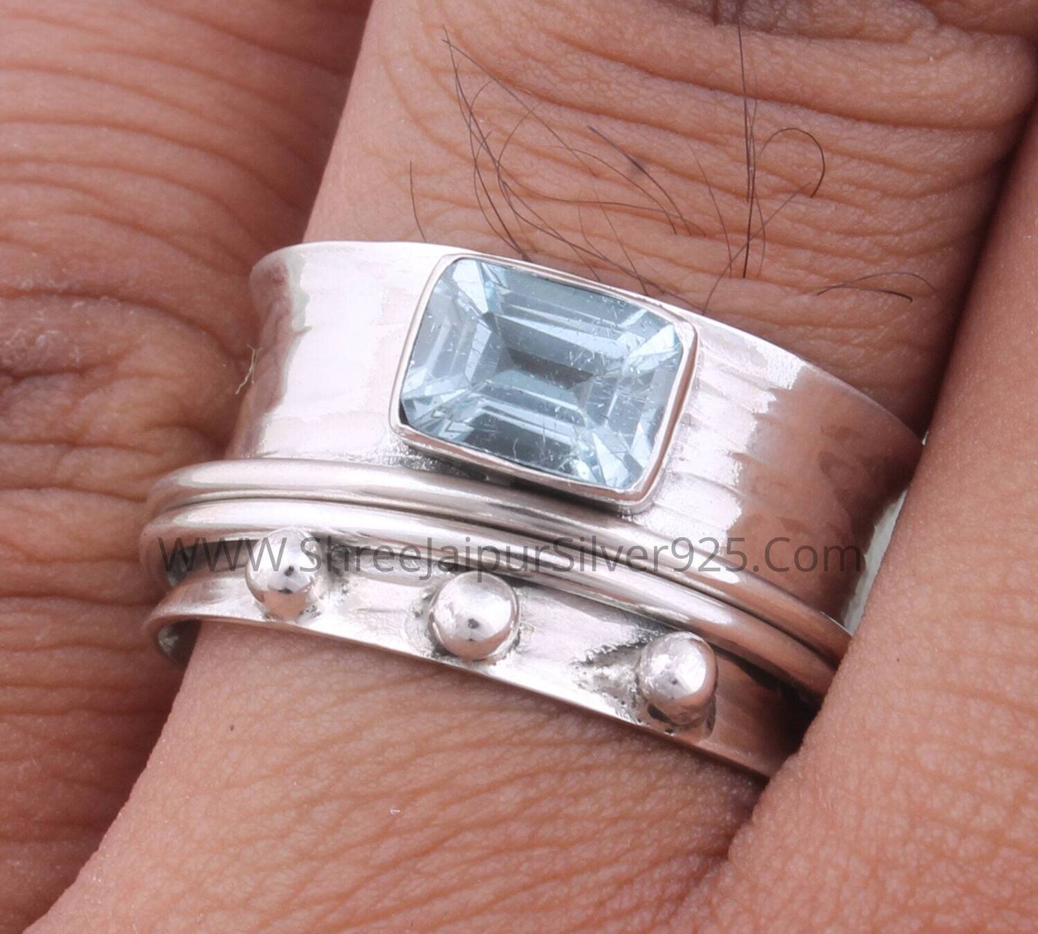Natural Blue Topaz Solid 925 Sterling Silver Spinner Ring For Women, Handmade Rectangle Meditation Wedding Ring Boho Worry Anxiety Ring Gift