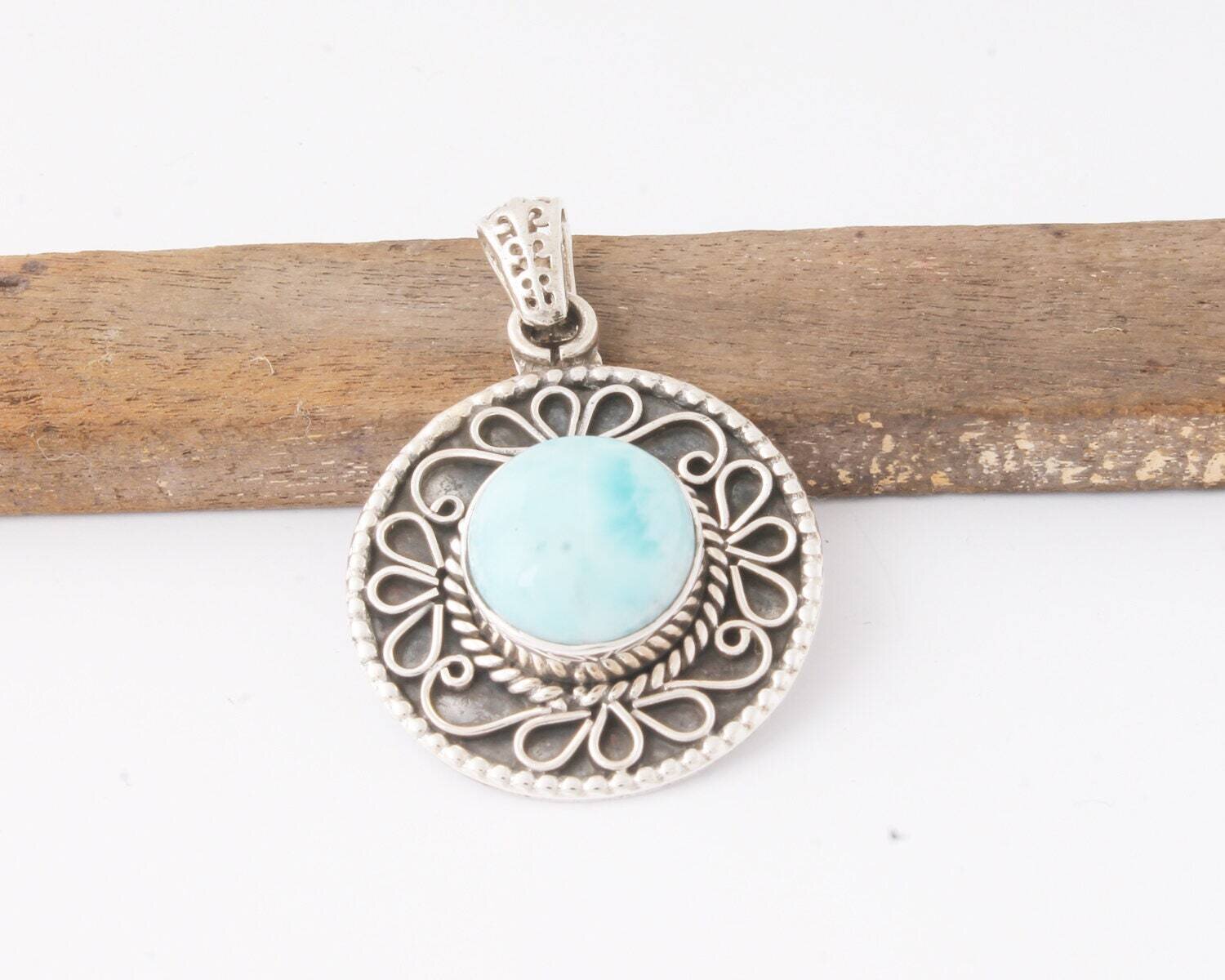 AAA+Quality Larimar Gemstone Pedant With Cabochon Round Shape Stone Boho Pendant 925-Antique Silver Pendant Gift For You ! Etsy Cyber-2021