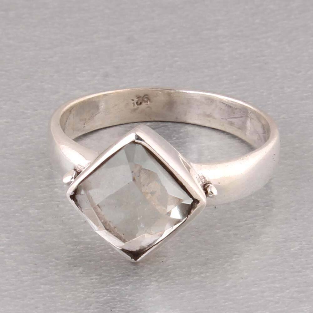 White Rings - Crystal Quartz Ring - Sterling Cushion Cut Ring - Bezel Set Ring - Gemstone Ring - Stacking Ring - Bridesmaid RingCyber2021
