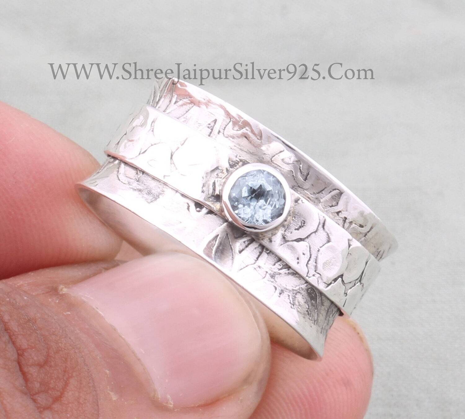 Textured Natural Blue Topaz Solid 925 Sterling Silver Spinner Ring For Women Handmade Silver Hammered Band Ring For Wedding Anniversary Gift