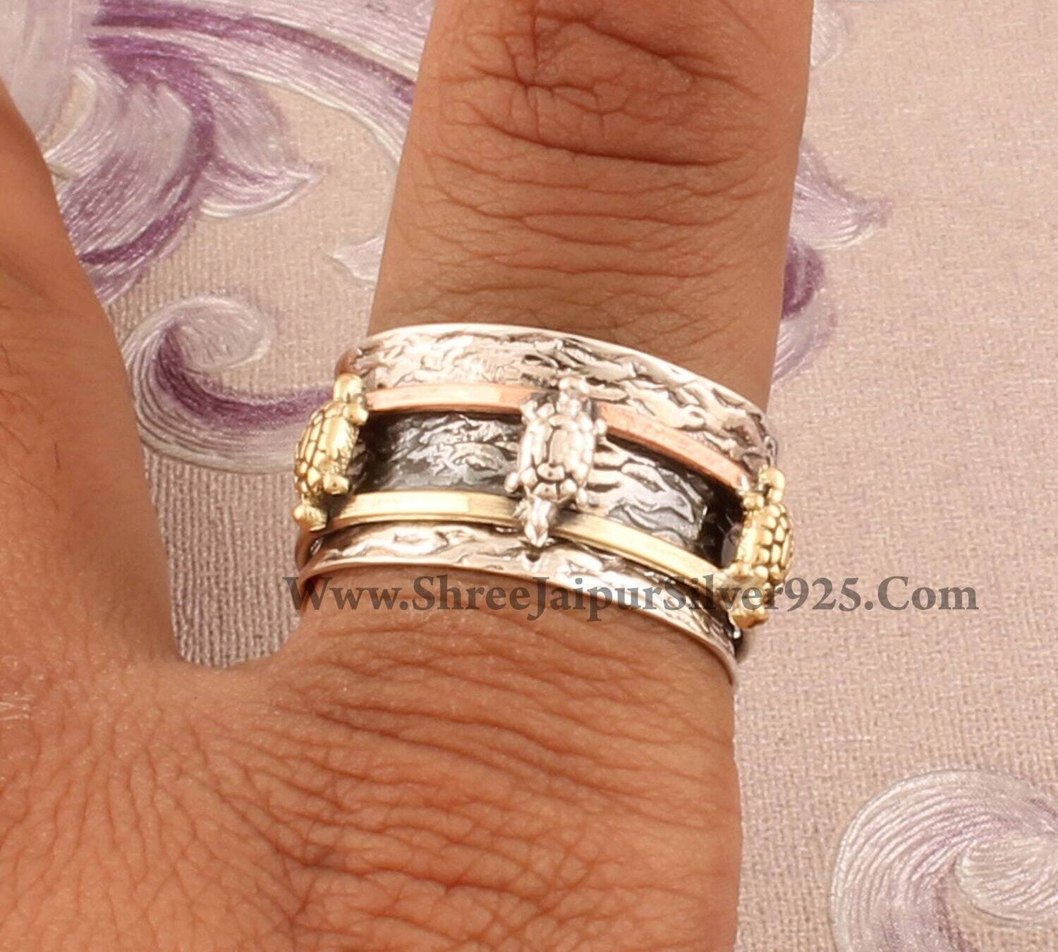 Turtle Solid Silver Textured Band Spinner Ring, 925 Sterling Silver Textured Rings Ring, Handmade Three Tone Anxiety Ring For Her, Gift Idea