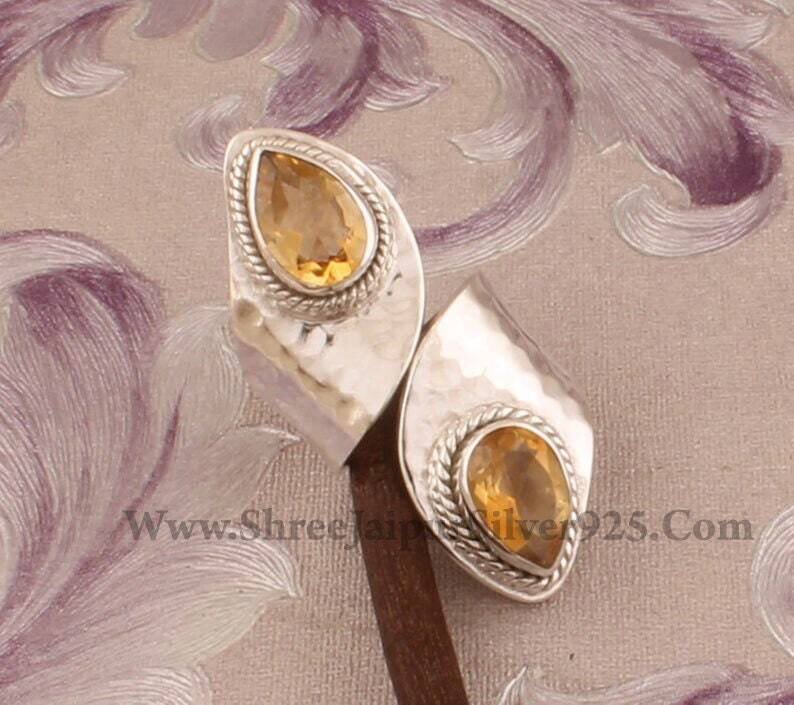 925 Sterling Silver Natural Citrine Pear Gemstone Adjustable Ring, Designer Handmade Hammered Two Stone Silver Ring, Valentine's Day Jewelry